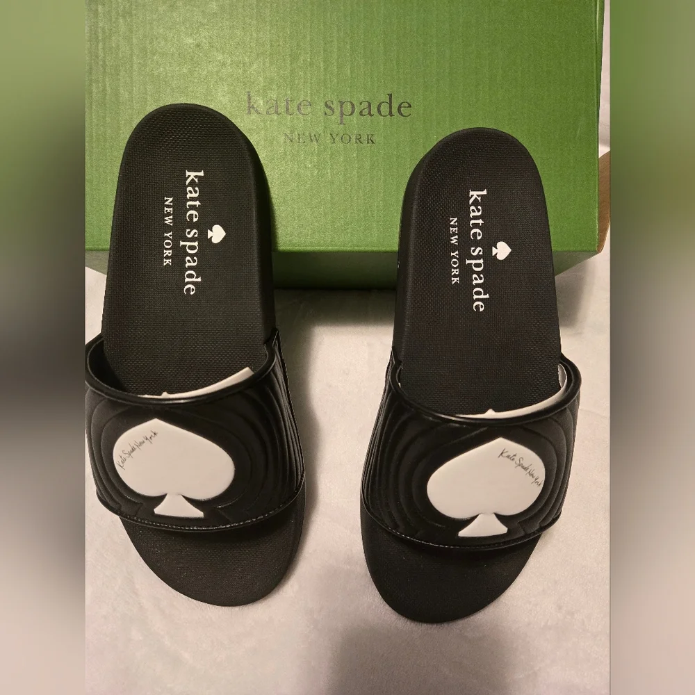 NWT Kate Spade New York Splash Pool Slide Smooth Leather Black/White Size 6
